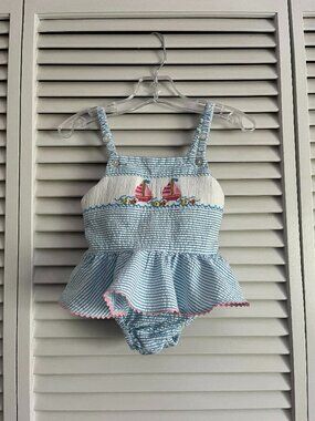 Southern Sunshine Kids smocked sailboat bathing suit romper girl’s size 9 months